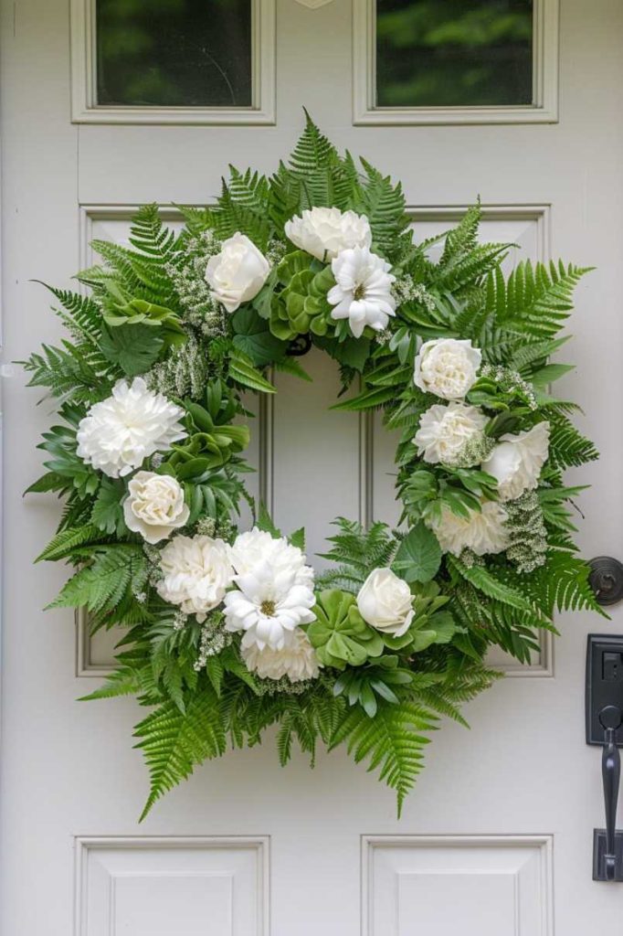 A white door with a decorative wreath of green ferns and white flowers hanging on it.