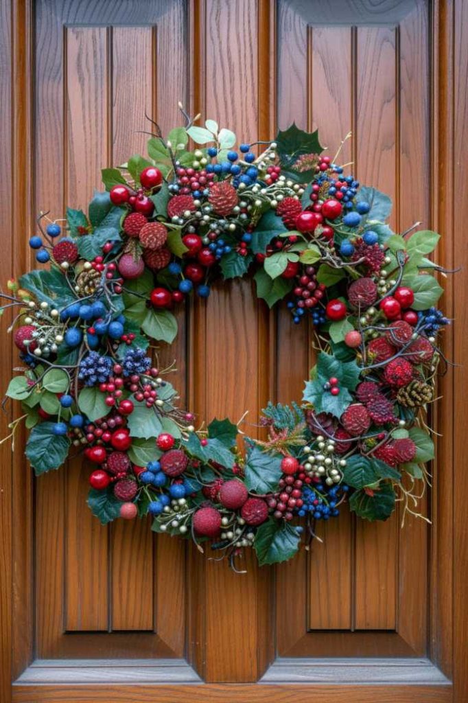 A decorative wreath with green leaves, red berries and blue berries hangs on a wooden door.