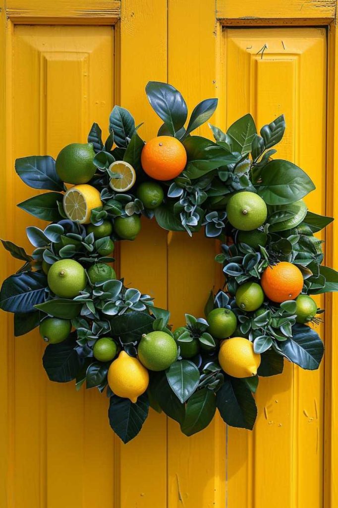 A wreath of green leaves, limes, lemons and oranges hangs on a bright yellow door.