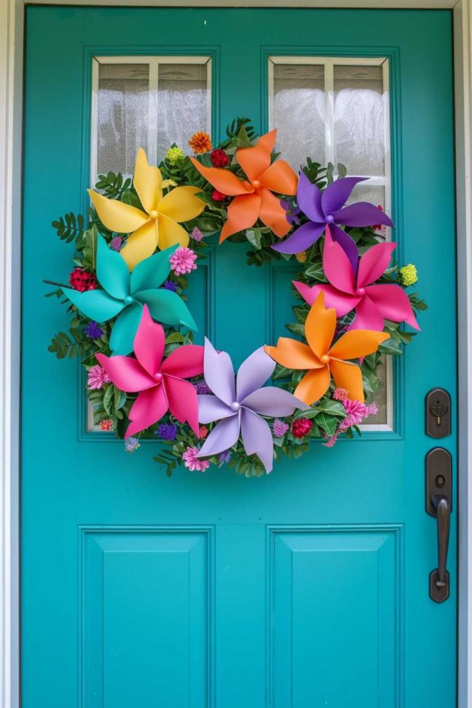 A teal door with a wreath of colorful paper flowers in shades of orange, purple, pink and green, decorated with greenery and small pink flowers.