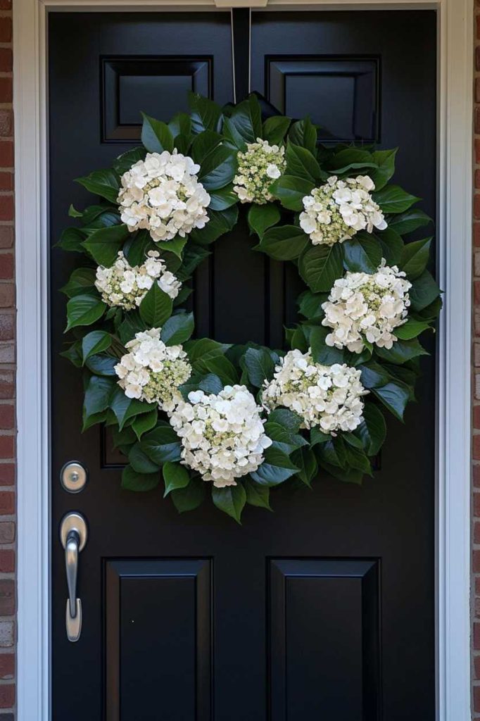 A black front door decorated with a large green wreath decorated with white hydrangea flowers.