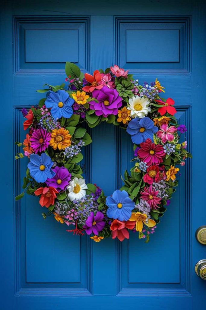 A vibrant wreath of colorful flowers and green leaves hanging on a bright blue door.