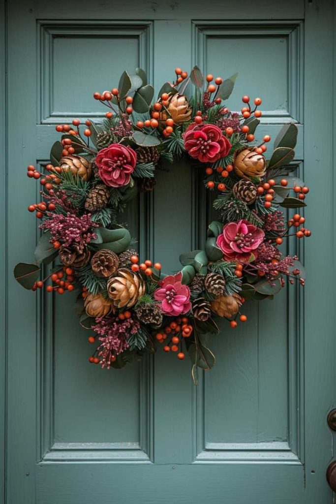 A green door decorated with a festive wreath of red flowers, pine cones, green foliage and red berry clusters.