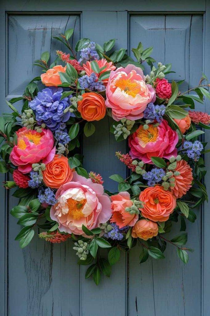 A colorful wreath with a mix of large pink, orange and purple flowers with green leaves hanging on a blue gray door.