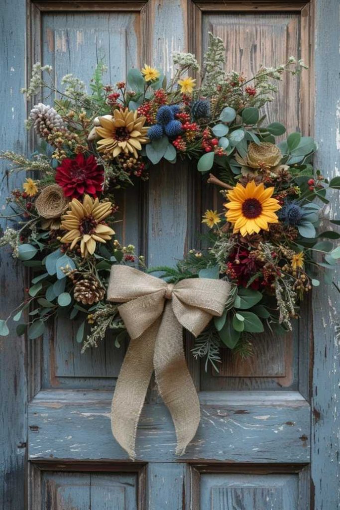 A rustic wreath with sunflowers, red and blue flowers, greenery, pine cones and berries hangs on a weathered blue wooden door, decorated with a burlap bow.