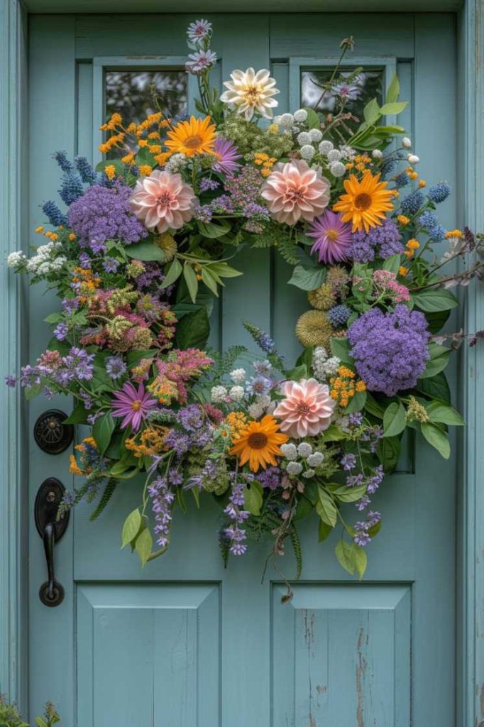 A wreath of various colorful flowers and green leaves hangs on a light blue door with a black doorknob.