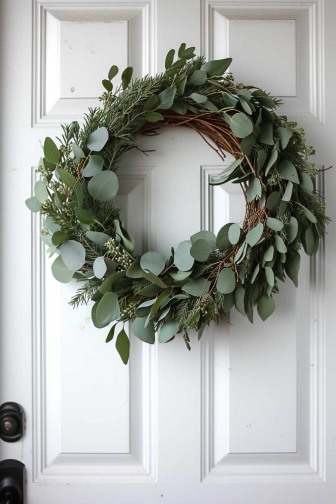 A green leafy wreath hangs on a white front door, centered between two raised rectangular panels.