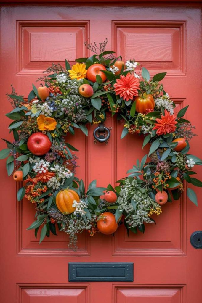 A red door decorated with a colorful wreath made of various green plants, red apples, orange flowers and small pumpkins.