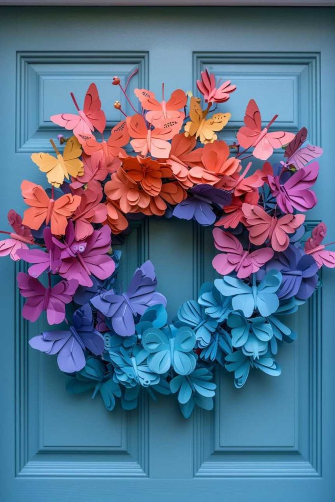 A colorful wreath of butterflies and flowers hangs on a blue door.