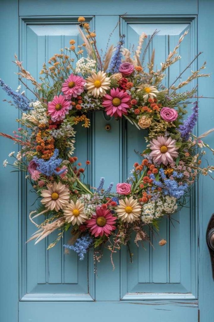 A colorful floral wreath with pink daisies, purple roses and various green plants hangs on a blue wooden door.