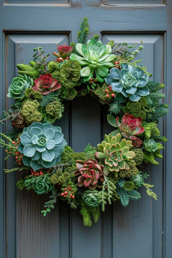 A wreath of various succulents and green plants hangs on a dark door.