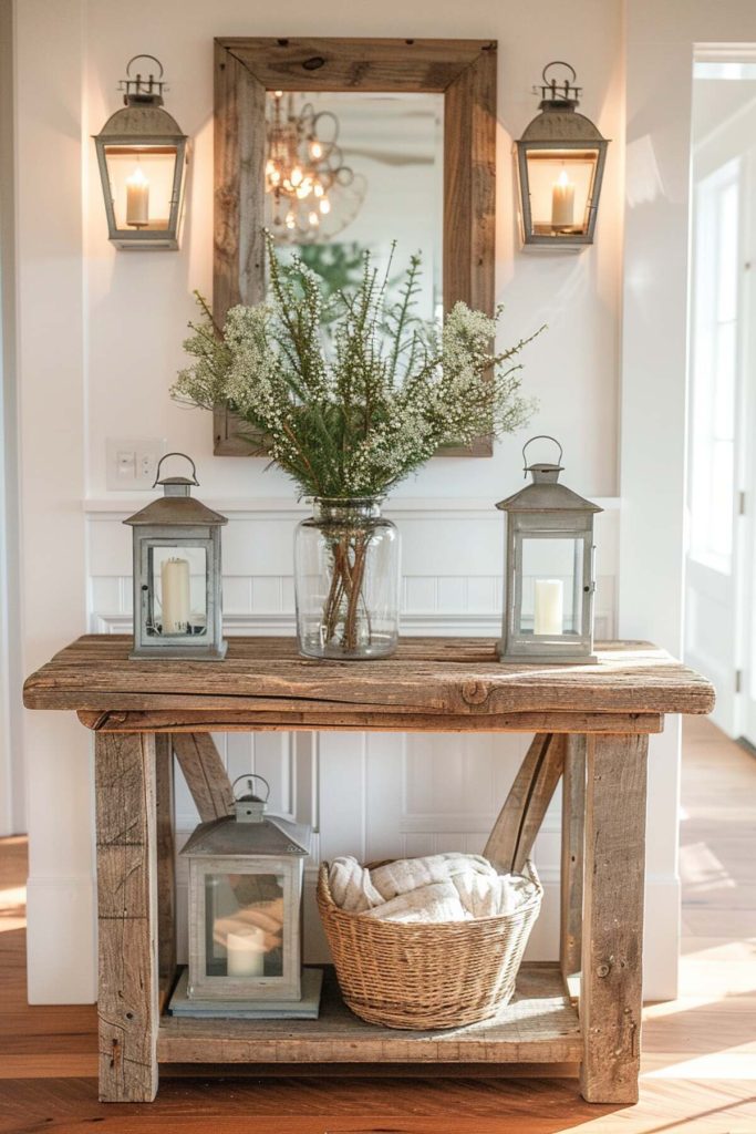 Wooden console table with glass vase and a bouquet of small white flowers 