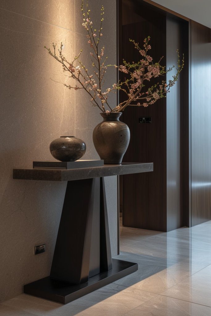 Black console table with monochrome vase and dried flowers in it