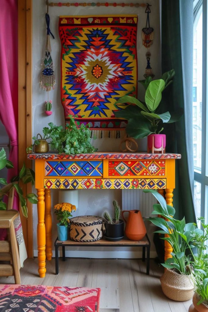 Orange console table with greenery, flowering plants and succulents in colorful pots, a terracotta jar and a pretty basket with detailed patterns. 