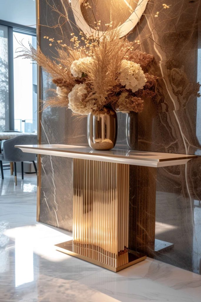 The gold console table features a shiny gold metal vase with dried wildflowers and hydrangeas