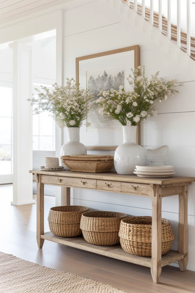 Farmhouse console table with white vases on top and wooden baskets on bottom