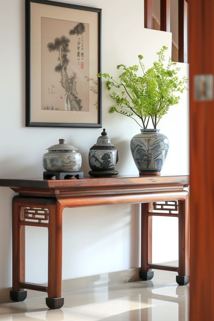 a table with vintage ceramic vases on it and Japanese art on the walls