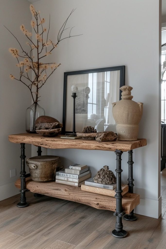 a wooden table with stacks of books, dried corals, an antique pot and a clay pot