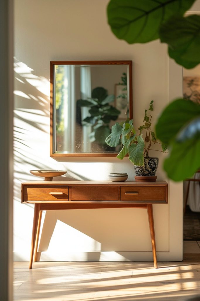 a wooden table with a green plant in a single ceramic pot and a mirror hanging above it