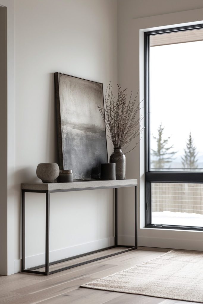 Industrial metal console table in the corner of the room with dark gray glasses and vases and a painting above the table