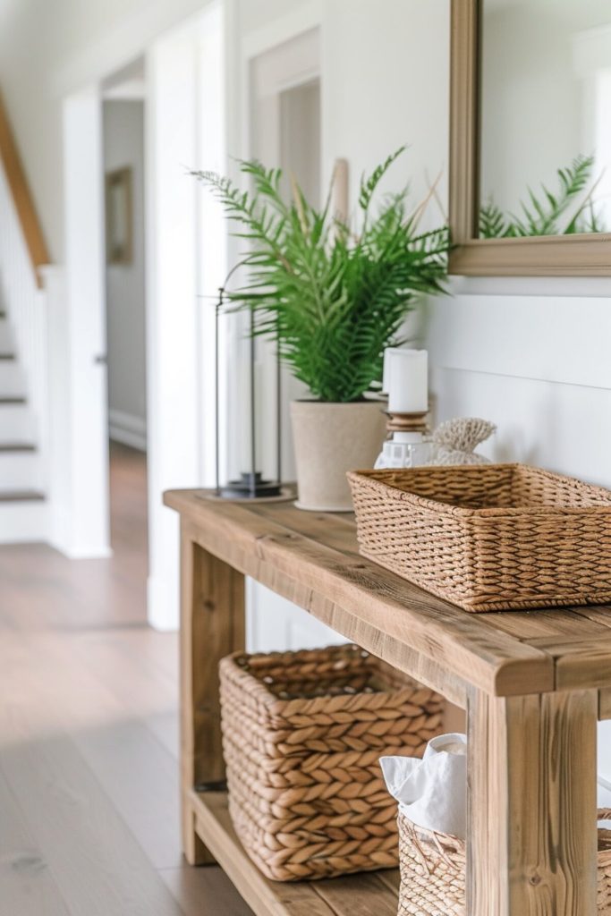 a wooden table with green plant accents and woven baskets