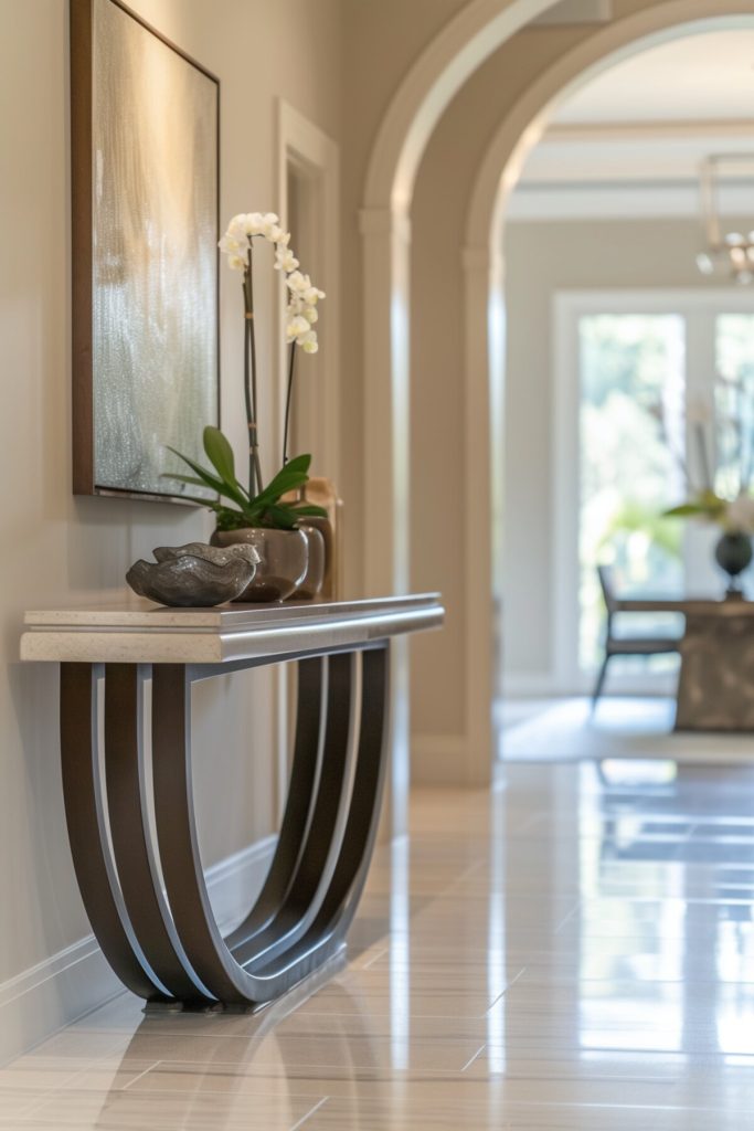 a console table with a round base and vases filled with lush greenery and elegant orchids