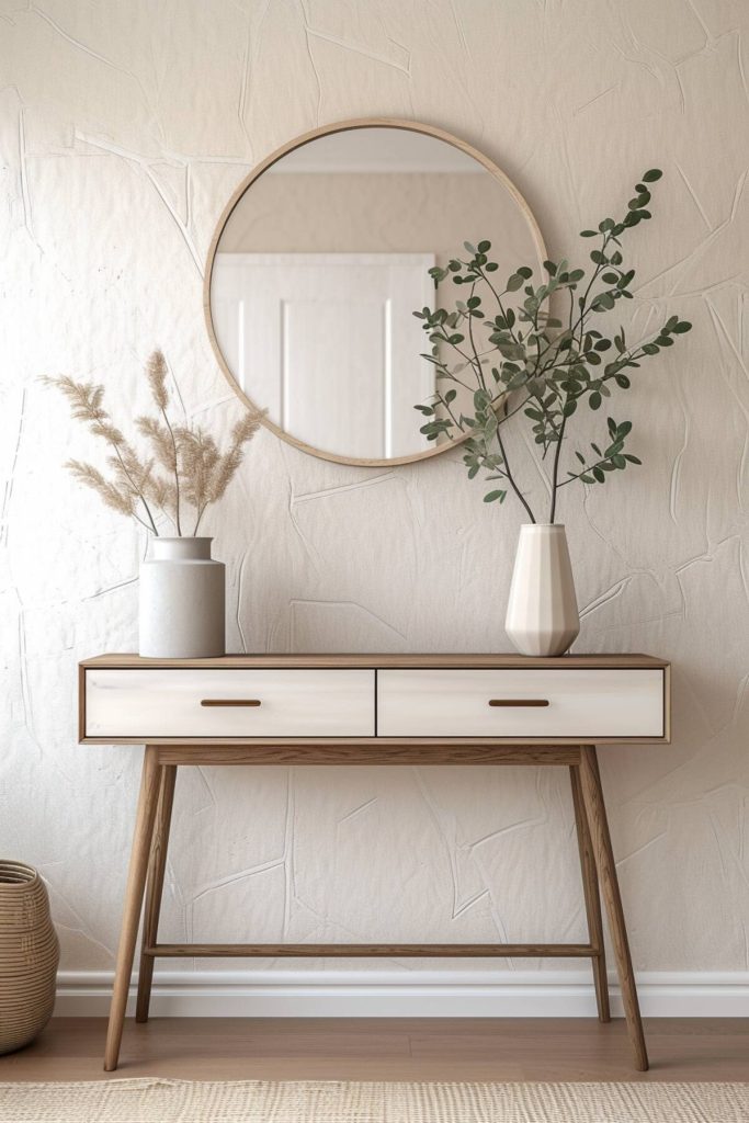 a wooden console table, a vase of sparse dried grass and a vase of eucalyptus stems, and a round mirror