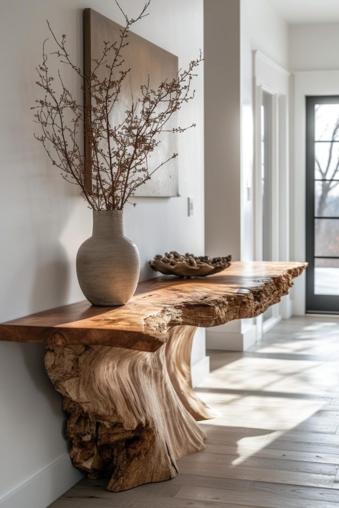 A wooden console table with a vase of dried flowers, a unique wood carving and a simple painting