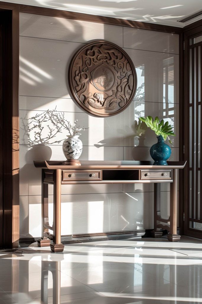 a wooden console table with white vases and green live plants