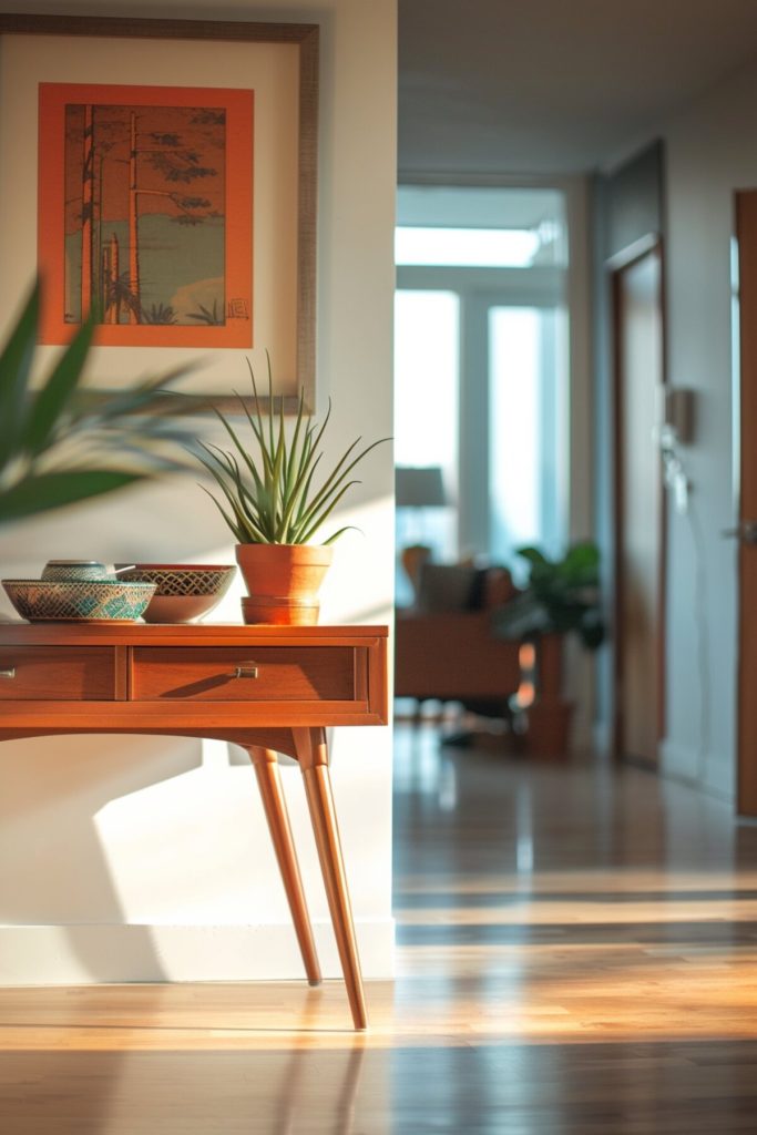 a vintage console table with vintage bowls and a fresh aloe vera plant in a terracotta pot