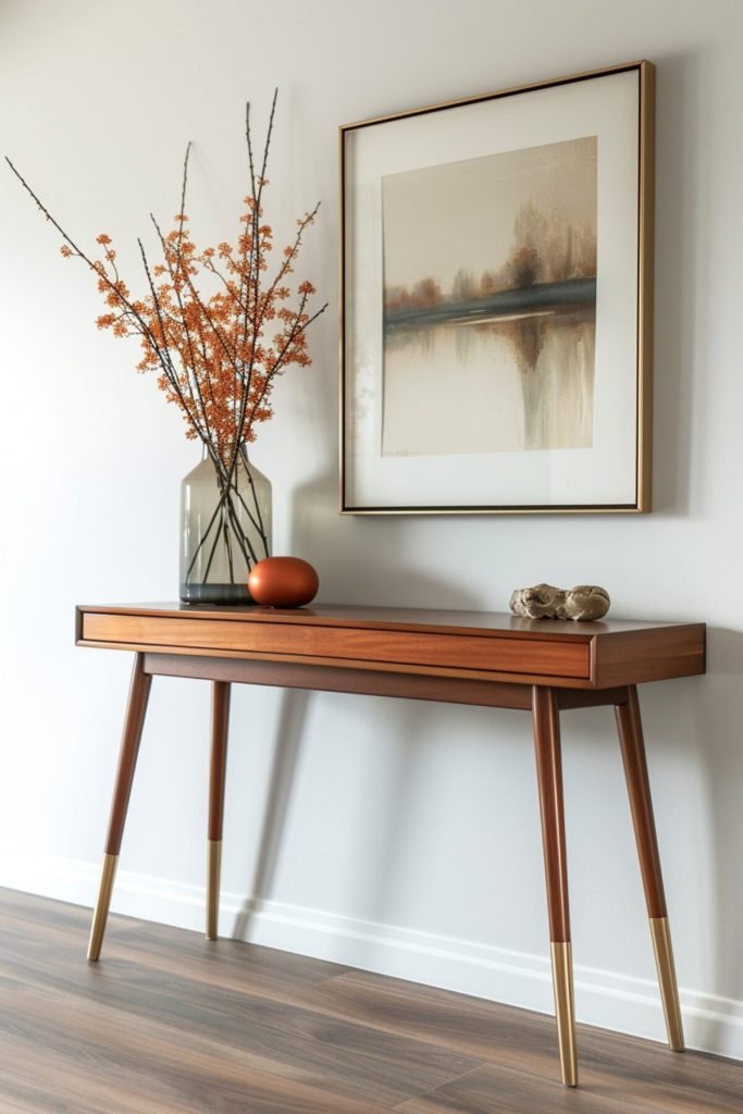 a wooden console table, a vase of orange blossoms and a decorative orange ball