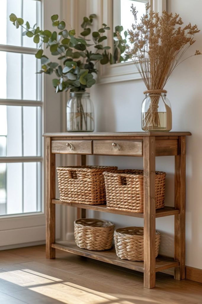 a wooden console table with a live plant and a fresh plant above and woven baskets below