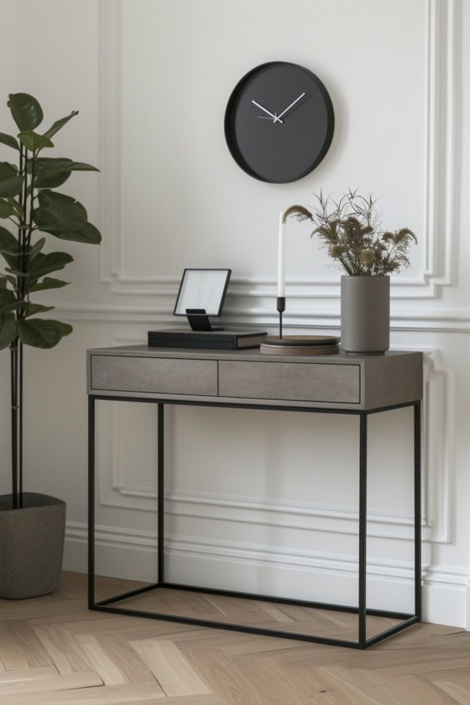 a gray console table with a white candle in a black metal holder and a gray ceramic vase with dried botanicals