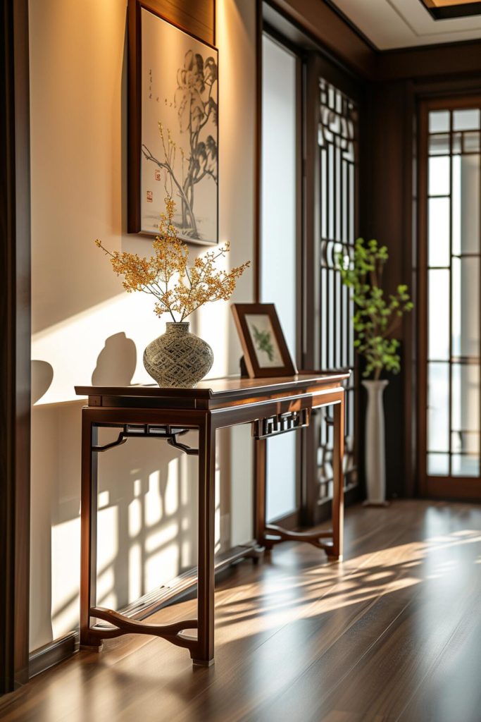 a wooden console table with a patterned ceramic vase with dried yellow flowers and a simple wooden frame