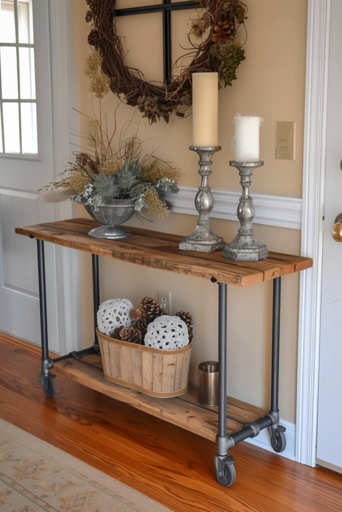 a rolling wooden console table with antique silver candle holders, a centerpiece full of fall flowers, and a basket full of pine cones and handmade woven flowers