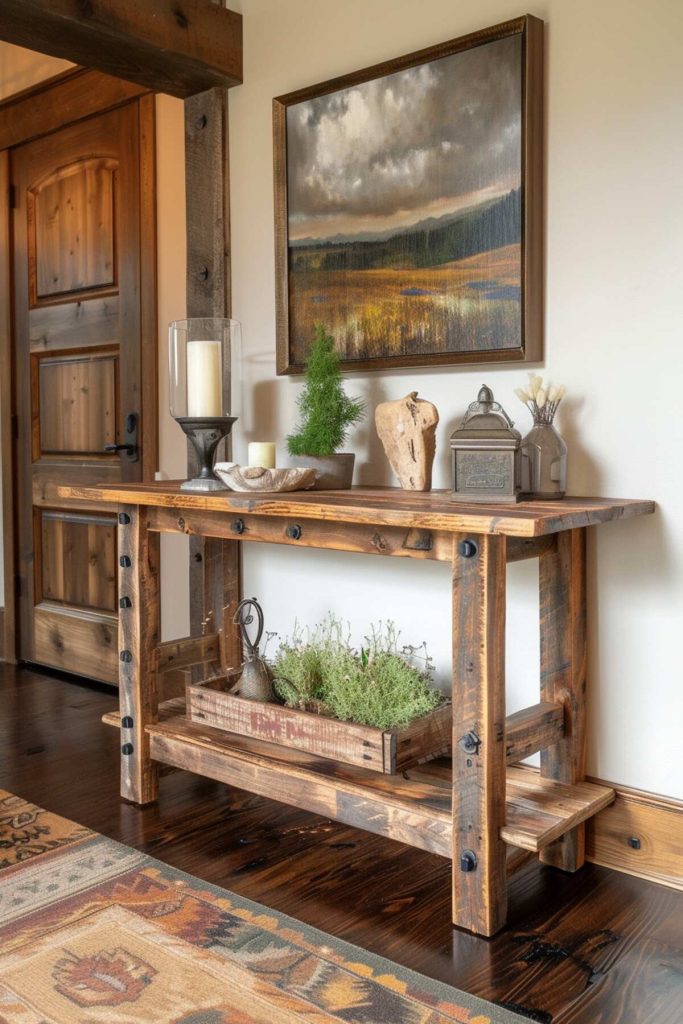 A wooden table with a trough made of artificial bark, artificial greenery, a small vase with dried white flowers, a sturdy iron lantern and a top made of natural wood