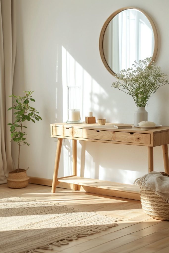 a light woo console table with white candles, white flowers, beige notebook and a round wooden mirror on the wall