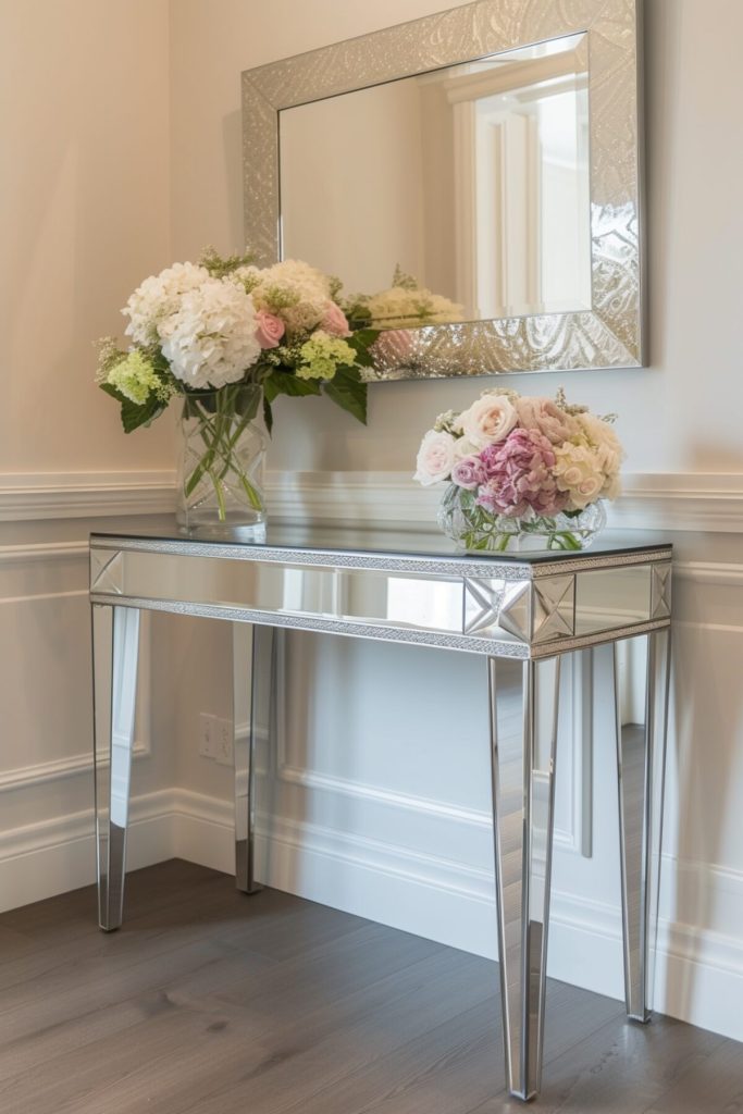 Highly polished console table with luxurious artificial hydrangeas and roses in sparkling crystal vases