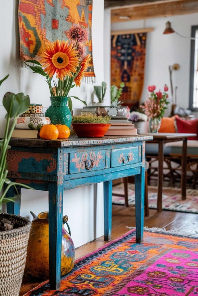 a blue console table with books, orange candles, a <a href=