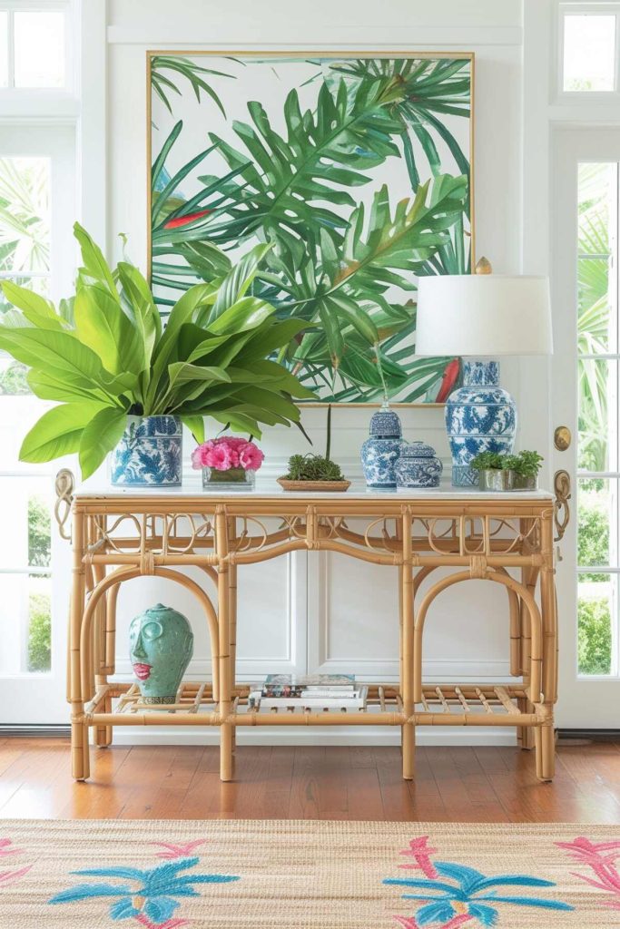 a bamboo console table with large white porcelain vases full of fresh green plants, a ceramic face jug and a selection of books. 