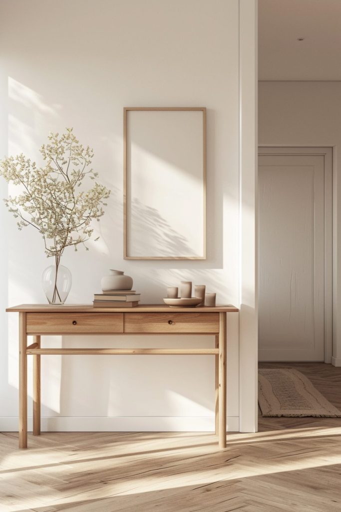 a wooden console table with a vase of dried gypsophila, books and small handmade pottery