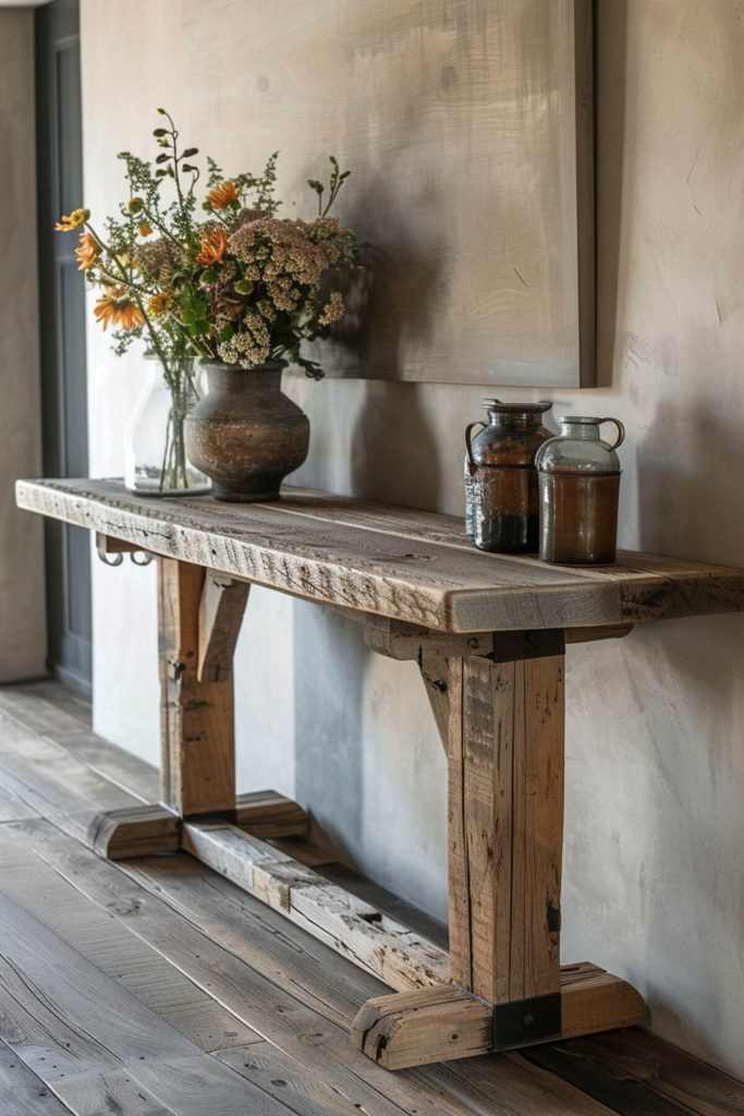 Wooden console table with flowers in a vintage vase at one end and decorative jugs at the other end