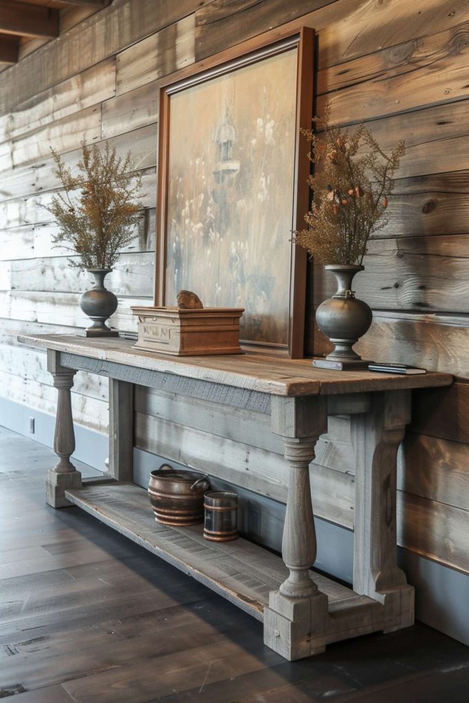 a wooden console table with vintage buckets, brass vases with dried flower clusters, a rustic wooden chest and an oil painting of an idyllic outdoor scene