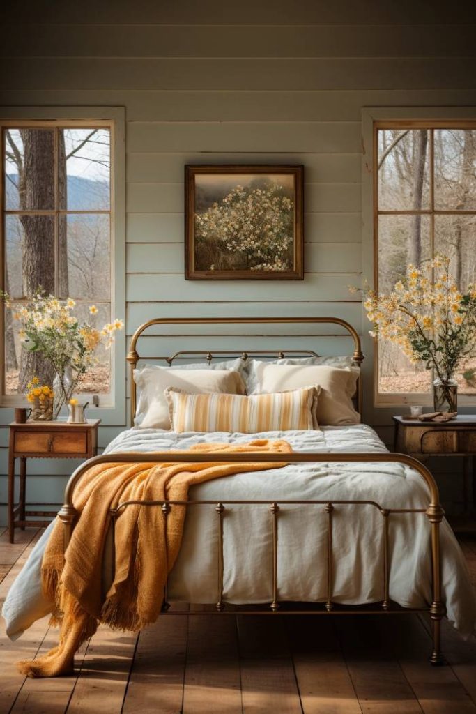 A cozy bedroom with a brass bed, white linens and an orange blanket. There are two wooden bedside tables with flower vases, large windows and a nature painting above the bed.