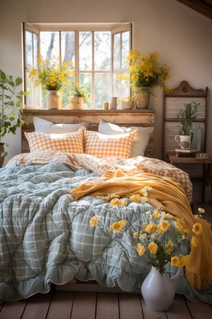 A cozy bedroom with a checkered duvet covering a bed by the window. Potted plants and flowers add a cheerful touch along with a yellow blanket. There is a chair and a cup next to the bed.