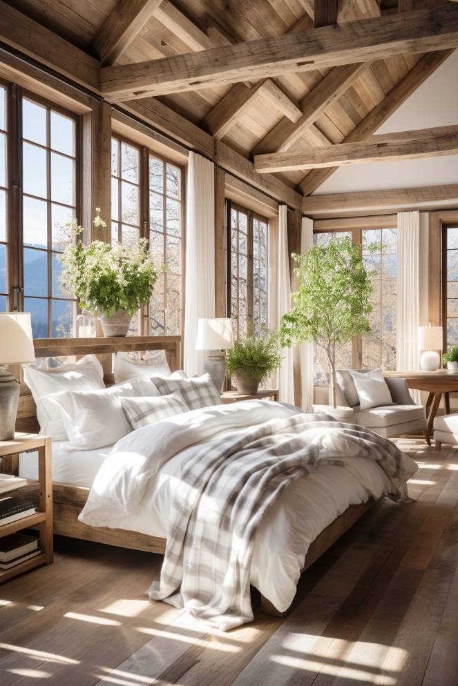 A cozy bedroom with a beamed ceiling, large windows and a bed with checked linens. The room is decorated with potted plants, white curtains and wooden furniture.