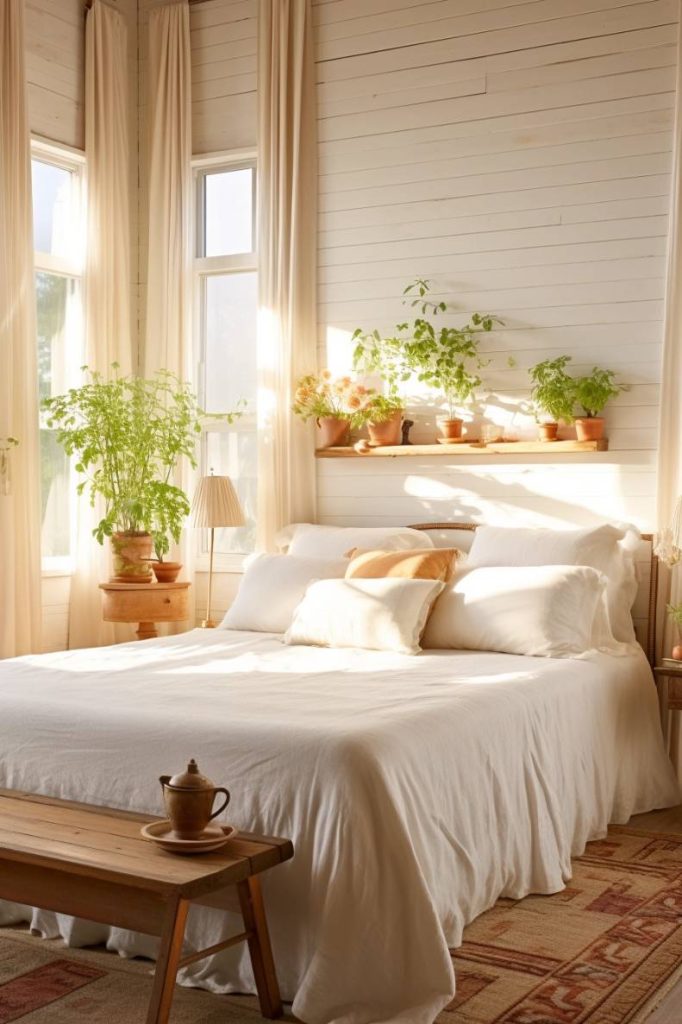 A bedroom with white walls, a bed with white linens, a wooden bench at the foot and potted plants on a shelf and by the window. Sunlight streams in through the windows and creates a warm atmosphere.