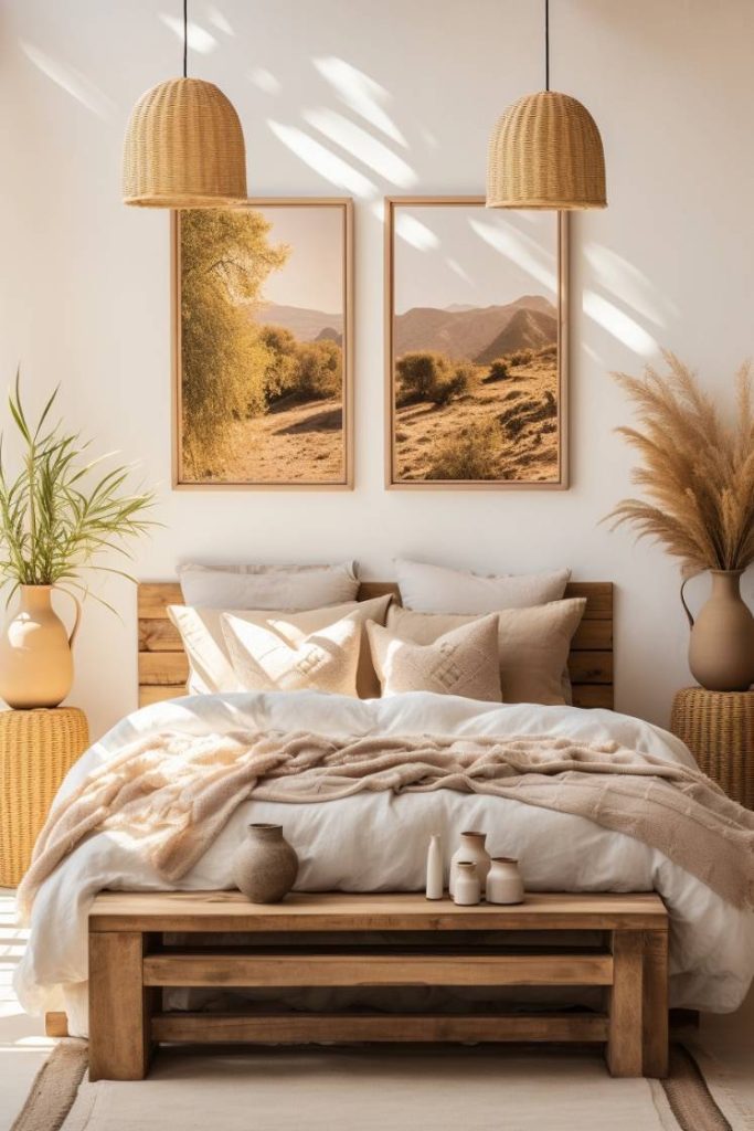 A cozy bedroom with a wooden bed adorned with beige and white linens, two woven pendant lights, framed landscape art and potted plants.