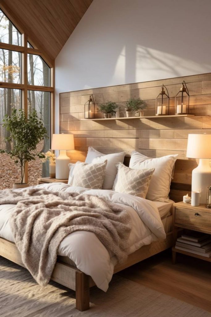 A cozy bedroom with a wooden bed, soft pillows, a fluffy blanket and two side tables with lamps. A large window depicts an outdoor scene with falling leaves and plants decorate the headboard shelf.