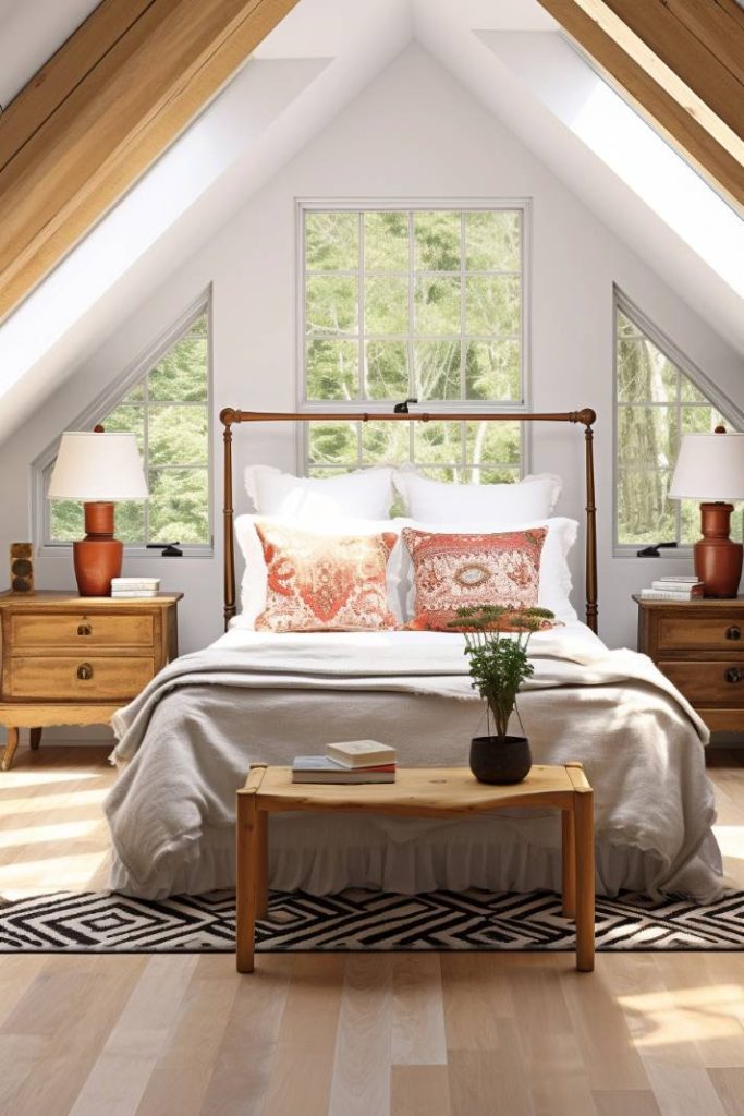 A cozy bedroom with a white bedspread and red-orange pillows, flanked by wooden bedside tables and lamps, under a vaulted ceiling with a large window overlooking the greenery. There is a small bench at the foot of the bed.